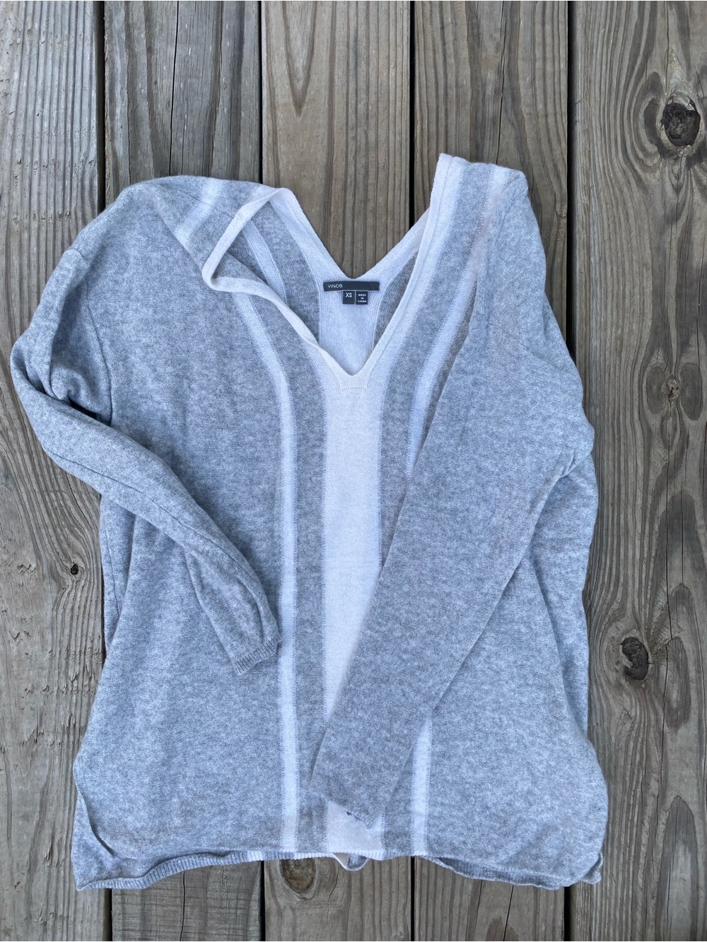Vince Cashmere Gray and white V-Neck Hooded Sweater with Center Stripe
